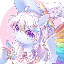 Size: 1870x1860 | Tagged: safe, artist:leafywind, oc, oc only, species:pegasus, species:pony, g4, abstract background, braid, bust, clothing, colored wings, colored wingtips, ear fluff, female, hairband, hairpin, hat, looking at you, mare, multicolored wings, rainbow wings, smiling, solo, spread wings, starry eyes, stars, underhoof, wingding eyes, wings