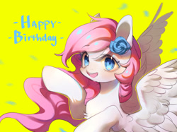 Size: 2400x1799 | Tagged: safe, artist:leafywind, oc, oc only, species:pony, g4, female, flower, flower in hair, happy, looking at you, mare, open mouth, smiling, solo, spread wings, wings