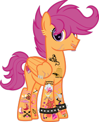 Size: 3500x4308 | Tagged: safe, artist:n0kkun, character:scootaloo, species:pegasus, species:pony, g4, absurd resolution, alternate hairstyle, alternate universe, commission, cutie mark, ear piercing, earring, eyebrow piercing, facial hair, headcanon, jewelry, lip piercing, male, older, older scootaloo, piercing, scar, simple background, solo, spiked wristband, stallion, stubble, tattoo, the cmc's cutie marks, trans male, transgender, transparent background, wing piercing, wristband