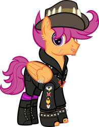 Size: 3500x4493 | Tagged: safe, artist:n0kkun, character:scootaloo, species:pegasus, species:pony, g4, absurd resolution, alternate hairstyle, alternate universe, badge, boots, clothing, commission, ear piercing, earring, eyebrow piercing, facial hair, fingerless gloves, gloves, hat, headcanon, heart, hoodie, jacket, jewelry, leather jacket, lip piercing, male, necklace, older, older scootaloo, piercing, pin, scar, shoes, shorts, simple background, socks, solo, spiked wristband, stallion, striped socks, stubble, tattoo, trans male, transgender, transparent background, wing piercing, wristband