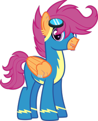 Size: 3500x4308 | Tagged: safe, artist:n0kkun, character:scootaloo, species:pegasus, species:pony, g4, absurd resolution, alternate hairstyle, alternate universe, clothing, commission, ear piercing, earring, facial hair, goggles, headcanon, jewelry, lip piercing, male, older, older scootaloo, piercing, scar, simple background, solo, stallion, stubble, trans male, transgender, transparent background, uniform, wing piercing, wonderbolt scootaloo, wonderbolts, wonderbolts uniform