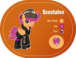 Size: 1400x1068 | Tagged: safe, artist:n0kkun, character:scootaloo, species:pegasus, species:pony, g4, absurd resolution, alternate hairstyle, alternate universe, badge, boots, clothing, commission, cutie mark, ear piercing, earring, eyebrow piercing, facial hair, fingerless gloves, gloves, hat, headcanon, heart, hoodie, jacket, jewelry, leather jacket, lip piercing, male, necklace, older, older scootaloo, orange background, piercing, pin, reference sheet, scar, shoes, shorts, simple background, socks, solo, spiked wristband, stallion, striped socks, stubble, tattoo, the cmc's cutie marks, trans male, transgender, transparent background, wing piercing, wristband