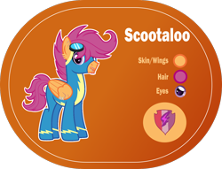 Size: 1400x1068 | Tagged: safe, artist:n0kkun, character:scootaloo, species:pegasus, species:pony, g4, absurd resolution, alternate hairstyle, alternate universe, clothing, commission, cutie mark, ear piercing, earring, facial hair, goggles, headcanon, jewelry, lip piercing, male, older, older scootaloo, orange background, piercing, reference sheet, scar, simple background, solo, stallion, stubble, the cmc's cutie marks, trans male, transgender, transparent background, uniform, wing piercing, wonderbolt scootaloo, wonderbolts, wonderbolts uniform