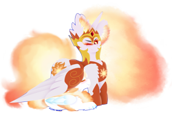 Size: 2241x1498 | Tagged: safe, artist:vanillaswirl6, character:daybreaker, character:princess celestia, oc, oc:radiance, parent:daybreaker, parent:discord, species:alicorn, species:pony, g4, four wings, jewelry, multiple wings, next generation, regalia, simple background, transparent background, wing blanket, wings