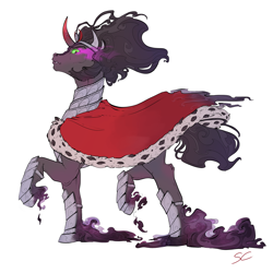 Size: 2953x2953 | Tagged: safe, artist:sourcherry, character:king sombra, species:pony, species:unicorn, g4, armor, cape, clothing, colored horn, curved horn, horn, male, shadow, sideburns, simple background, solo, sombra eyes, sombra horn, stallion, walking, white background
