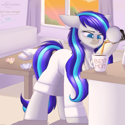 Size: 3000x3000 | Tagged: safe, artist:xcinnamon-twistx, oc, oc only, oc:hooklined, species:earth pony, species:pony, g4, alcohol, bags under eyes, clothing, coffee, commission, couch, cup, curtains, diaper, messy mane, mug, pacifier, robe, sunrise, table, this will lead to alcoholism, tired, whiskey