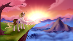 Size: 3840x2160 | Tagged: safe, artist:ohhoneybee, oc, oc only, species:alicorn, species:pony, g4, cliff, female, mare, mountain, scenery, solo, spread wings, sunset, tree, wings