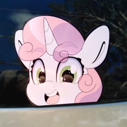 Size: 794x794 | Tagged: safe, artist:partylikeanartist, character:sweetie belle, species:pony, species:unicorn, g4, anime eyes, anime style, bumper sticker, car, cute, diasweetes, eye clipping through hair, eyebrows, eyebrows visible through hair, female, filly, irl, looking at you, peeker, peeking, photo, solo, sticker, wingding eyes