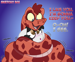 Size: 2400x2000 | Tagged: safe, artist:snakeythingy, oc, oc:nightwish, oc:sketchy dupe, oc:sketchy noodle, g4, blushing, coiling, coils, dialogue, gradient background, looking at each other, massage, snake, snug, squishy, story included