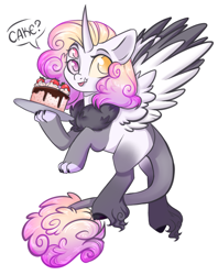 Size: 1109x1399 | Tagged: safe, artist:cloud-fly, oc, oc:dawn after-glow, parent:discord, parent:princess celestia, parents:dislestia, g4, cake, food, hybrid, interspecies offspring, multiple eyes, offspring, simple background, solo, three eyes, tongue out, transparent background