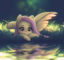 Size: 1654x1536 | Tagged: safe, artist:katputze, character:fluttershy, species:pegasus, species:pony, g4, chromatic aberration, cute, female, looking at something, lying down, mare, prone, shyabetes, solo, water