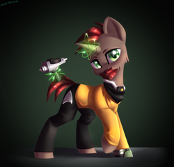 Size: 2500x2400 | Tagged: safe, artist:shido-tara, oc, oc only, oc:6-9, species:pony, species:unicorn, g4, augmented, biohacking, crossover, cyber legs, cyborg, looking at you, phaser, simple background, star trek, star trek (tos)