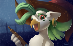 Size: 3562x2250 | Tagged: safe, artist:auroriia, character:captain celaeno, species:anthro, species:bird, species:parrot, g4, my little pony: the movie (2017), beauty mark, clothing, ear piercing, female, happy, hat, high res, open mouth, piercing, pirate, pirate hat, rain, solo, telescope