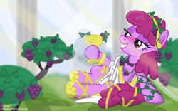 Size: 4800x3000 | Tagged: safe, artist:mycaro, artist:pirill, character:berry punch, character:berryshine, species:earth pony, species:pony, g4, chest fluff, clothing, cloud, crepuscular rays, cup, curtains, dionysus, drunk, eyeshadow, female, food, garden, goblet, grapes, greek, hoof hold, hoof shoes, jewelry, looking at something, makeup, mare, mythology, necklace, pillar, shading, shadow, show accurate, sitting, smiling, solo, sunlight, tiara, toga, trace, vector