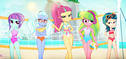 Size: 3698x1743 | Tagged: safe, artist:invisibleink, character:indigo zap, character:lemon zest, character:sour sweet, character:sugarcoat, character:sunny flare, g4, my little pony:equestria girls, beach, belly button, bikini, clothing, crystal prep shadowbolts, female, glasses, hoodie, looking at you, midriff, one-piece swimsuit, shadow five, shadowbolts, sleeveless, sports, summer, sun, sunglasses, swimsuit, volleyball, volleyball net