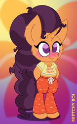 Size: 2000x3200 | Tagged: safe, artist:snakeythingy, character:saffron masala, species:pony, species:unicorn, g4, arm behind back, bipedal, blushing, chest fluff, clothing, cutie mark, cutie mark background, gradient background, pajamas, standing