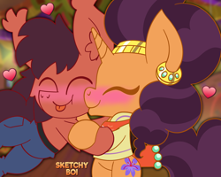Size: 2500x2000 | Tagged: safe, artist:snakeythingy, character:saffron masala, oc, oc:sketchy dupe, g4, blushing, canon x oc, glomp, kissing, kissing cheek, sketchffron, story included