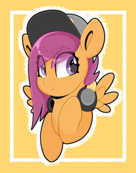 Size: 3129x4000 | Tagged: safe, alternate version, artist:partylikeanartist, character:scootaloo, species:pegasus, species:pony, g4, absurd resolution, alternate design, alternate hairstyle, cap, clothing, cute, cutealoo, eye clipping through hair, eyebrows, eyebrows visible through hair, female, hat, headphones, looking away, simple background, solo, wingding eyes