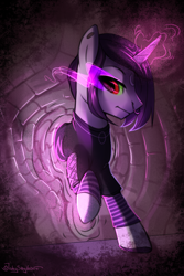 Size: 2000x3000 | Tagged: safe, artist:jedayskayvoker, oc, oc only, species:pony, species:unicorn, g4, clothing, glowing horn, high res, horn, male, nose piercing, piercing, raised hoof, solo, sombra eyes, wall