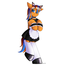 Size: 3000x3000 | Tagged: safe, artist:xcinnamon-twistx, oc, oc only, oc:cold front, species:pegasus, species:pony, g4, apron, clothing, commission, crossdressing, dress, eyebrows, eyebrows visible through hair, looking at you, maid, maid headdress, male, pegasus oc, shoes, simple background, socks, solo, stockings, thigh highs, transparent background, wings