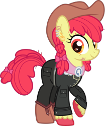 Size: 3500x4182 | Tagged: safe, artist:n0kkun, character:apple bloom, species:earth pony, species:pony, g4, alternate hairstyle, belt, boots, clothing, cowboy boots, cowboy hat, ear piercing, earring, eye scar, female, hat, jacket, jeans, jewelry, mare, older, older apple bloom, pants, piercing, raised hoof, scar, shoes, simple background, solo, suit, transparent background, unshorn fetlocks