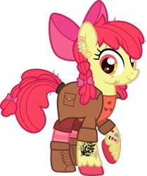 Size: 3500x4191 | Tagged: safe, artist:n0kkun, character:apple bloom, species:earth pony, species:pony, g4, alternate hairstyle, apple, apple bloom's bow, boots, bow, clothing, coat, ear piercing, earring, eye scar, female, food, hair bow, jewelry, mare, older, older apple bloom, piercing, raised hoof, scar, shirt, shoes, shorts, simple background, socks, solo, striped socks, t-shirt, tattoo, transparent background, unshorn fetlocks