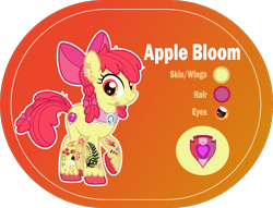 Size: 1400x1068 | Tagged: safe, artist:n0kkun, character:apple bloom, species:earth pony, species:pony, g4, alternate hairstyle, apple bloom's bow, bow, cutie mark, ear piercing, earring, eye scar, female, hair bow, headcanon, jewelry, mare, older, older apple bloom, orange background, piercing, raised hoof, reference sheet, scar, simple background, solo, tattoo, the cmc's cutie marks, transparent background, unshorn fetlocks