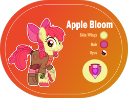 Size: 1400x1068 | Tagged: safe, artist:n0kkun, character:apple bloom, species:earth pony, species:pony, g4, alternate hairstyle, apple, apple bloom's bow, boots, bow, clothing, coat, cutie mark, ear piercing, earring, eye scar, female, food, hair bow, jewelry, mare, older, older apple bloom, orange background, piercing, raised hoof, reference sheet, scar, shirt, shoes, shorts, simple background, socks, solo, striped socks, t-shirt, tattoo, the cmc's cutie marks, transparent background, unshorn fetlocks