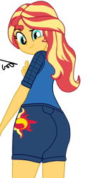 Size: 540x1129 | Tagged: safe, artist:gmaplay, character:sunset shimmer, species:eqg human, g4, my little pony:equestria girls, spoiler:comic, spoiler:comicequestriagirlsmarchradness, ass, behind, bunset shimmer, butt, buttocks outline, clothing, female, long hair, looking back, multicolored hair, shirt, shorts, simple background, solo, sports shorts, sporty style, t-shirt, transparent background, yellow skin