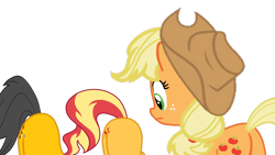 Size: 1280x722 | Tagged: safe, artist:gmaplay, character:applejack, character:sunset shimmer, oc, oc:saint rider, species:earth pony, species:pegasus, species:pony, species:unicorn, g4, applebutt, applejack's hat, ass up, bunset shimmer, butt, clothing, cowboy hat, face down ass up, female, hat, simple background, transparent background