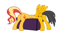 Size: 1280x720 | Tagged: safe, artist:gmaplay, character:sunset shimmer, oc, oc:saint rider, species:pegasus, species:pony, species:unicorn, g4, bunset shimmer, butt, photo, plot, simple background, transparent background