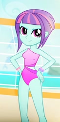 Size: 725x1474 | Tagged: safe, artist:invisibleink, edit, editor:thomasfan45, character:sunny flare, species:human, g4, my little pony:equestria girls, 2 handfuls of dem hips, absurd resolution, beach, beautiful, beautisexy, clothing, cloud, cropped, female, hands on hip, looking at you, midriff, ocean, one-piece swimsuit, pose, rock, sand, sexy, sky, sleeveless, smiling, smirk, solo, swimsuit, volleyball net, wristband