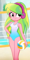 Size: 753x1494 | Tagged: safe, artist:invisibleink, edit, editor:thomasfan45, character:lemon zest, species:human, g4, my little pony:equestria girls, absurd resolution, ball, bare shoulders, beach, beautiful, beautisexy, clothing, cropped, cute, female, hand on hip, headphones, legs, looking at you, ocean, one-piece swimsuit, outdoors, sand, sexy, sleeveless, smiling, smirk, solo, sports, swimsuit, volleyball, volleyball net, zestabetes