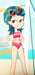 Size: 697x1494 | Tagged: safe, artist:invisibleink, edit, editor:thomasfan45, character:indigo zap, species:human, g4, my little pony:equestria girls, 2 handfuls of dem hips, absurd resolution, bare shoulders, beach, bedroom eyes, belly button, bikini, clothing, cropped, cute, ear piercing, earring, female, hands on hip, jewelry, looking sideways, midriff, ocean, outdoors, piercing, sand, sexy, sleeveless, smiling, solo, sunglasses, sunglasses on head, swimsuit, volleyball net, wristband, zapabetes