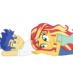 Size: 1280x1152 | Tagged: safe, artist:gmaplay, character:flash sentry, character:sunset shimmer, species:human, ship:flashimmer, g4, my little pony:equestria girls, arm behind head, blue eyes, blue hair, clothing, female, happy, in love, looking down, looking up, lying down, male, multicolored hair, on back, shipping, shirt, simple background, smiling, straight, t-shirt, transparent background, vector, yellow skin