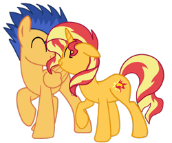 Size: 1244x1033 | Tagged: safe, artist:gmaplay, character:flash sentry, character:sunset shimmer, species:pegasus, species:pony, species:unicorn, ship:flashimmer, g4, blue mane, female, floppy ears, happy, in love, male, multicolored hair, shipping, simple background, smiling, straight, tomboy, transparent background, vector, yellow fur