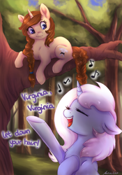 Size: 3500x5000 | Tagged: safe, artist:buttersprinkle, oc, oc only, oc:eula phi, oc:virginia, species:pony, species:unicorn, g4, braid, braided tail, branches, commission, duo, duo female, female, horn, music notes, rapunzel, signature, singing, sitting in a tree, smiling, text, tree, tree branch, unicorn oc