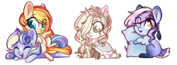Size: 2953x1083 | Tagged: safe, artist:cloud-fly, oc, oc only, oc:dainty daffodil, species:deer, species:pony, species:unicorn, g4, chibi, eye clipping through hair, female, mare, original species, simple background, transparent background