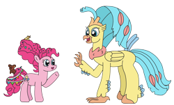Size: 3264x1967 | Tagged: safe, artist:supahdonarudo, character:pinkie pie, character:princess skystar, species:classical hippogriff, species:earth pony, species:hippogriff, species:pony, g4, my little pony: the movie (2017), confetti, older, older pinkie pie, older skystar, rubber duck, simple background, size difference, teddy bear, transparent background, waving
