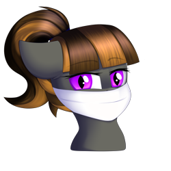 Size: 3500x3500 | Tagged: safe, artist:xcinnamon-twistx, oc, oc only, oc:mythic dawn, species:bat pony, species:pony, g4, bat pony oc, bat wings, bust, commission, eyebrows, eyebrows visible through hair, face mask, female, gag, gag under mask, hair tie, looking at you, mare, mask, ponytail, portrait, simple background, solo, transparent background, wings, ych result