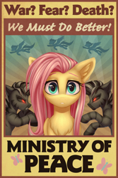 Size: 1536x2304 | Tagged: safe, artist:setharu, character:fluttershy, species:pegasus, species:pony, species:zebra, fallout equestria, g4, caricature, crossover, demonization, fallout, fanfic, fanfic art, female, hooves, looking at you, mare, ministry mares, ministry of peace, poster, propaganda, red eyes, text, wings