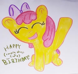 Size: 1280x1221 | Tagged: safe, artist:dex stewart, character:apple bloom, species:earth pony, species:pony, g4, female, happy birthday, michelle creber, simple background, solo, traditional art