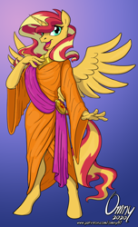 Size: 800x1320 | Tagged: safe, artist:omny87, patreon reward, character:sunset shimmer, species:alicorn, species:anthro, species:pony, species:unguligrade anthro, g4, alicornified, clothing, female, mare, patreon, race swap, shimmercorn, signature, simple background, smiling, solo, spread wings, toga, wings