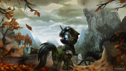Size: 3840x2160 | Tagged: safe, artist:jedayskayvoker, oc, oc only, species:pony, species:unicorn, fanfic:shadow of equestria, g4, autumn, canterlot, clothing, crossover, leaves, ponyville, s.t.a.l.k.e.r., scenery, solo, tree, tree stump, video game crossover
