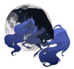 Size: 1600x1494 | Tagged: safe, artist:dementra369, character:princess luna, species:alicorn, species:pony, g4, curved horn, female, glowing hair, horn, hybrid wings, jewelry, moon, regalia, simple background, solo, transparent background, wings