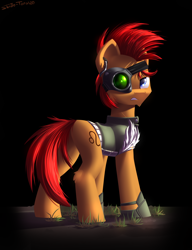 Size: 2300x3000 | Tagged: safe, artist:shido-tara, oc, oc:leo zodiac, fallout equestria, fallout equestria: project horizons, g4, clothing, fanfic art, looking back, simple background