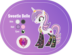 Size: 1400x1068 | Tagged: safe, artist:n0kkun, character:sweetie belle, species:pony, species:unicorn, g4, alternate hairstyle, bedroom eyes, commission, cute, cutie mark, diasweetes, ear piercing, earring, eyeshadow, female, headcanon, horn, horn ring, jewelry, lipstick, makeup, mare, older, older sweetie belle, piercing, purple background, reference sheet, ring, simple background, solo, tattoo, the cmc's cutie marks, transparent background