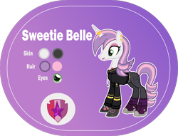 Size: 1400x1068 | Tagged: safe, artist:n0kkun, character:sweetie belle, species:pony, species:unicorn, g4, alternate hairstyle, bedroom eyes, belt, boots, clothing, commission, converse, cute, cutie mark, diasweetes, ear piercing, earring, eyeshadow, female, headcanon, hoodie, horn, horn ring, jeans, jewelry, lipstick, makeup, mare, older, older sweetie belle, pants, piercing, purple background, reference sheet, ring, shoes, simple background, socks, solo, striped socks, sweatshirt, tattoo, the cmc's cutie marks, transparent background