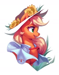 Size: 1214x1537 | Tagged: safe, artist:luciferamon, character:applejack, species:pony, g4, bust, chest fluff, cloak, clothing, cute, female, flower, hat, jackabetes, mare, open mouth, portrait, profile, simple background, solo, white background