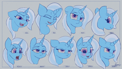 Size: 4038x2271 | Tagged: safe, artist:auroriia, character:trixie, species:pony, species:unicorn, g4, angry, blushing, bust, expressions, eyes closed, female, floppy ears, frown, lidded eyes, looking at you, looking back, looking back at you, mare, open mouth, pouting, smiling, solo